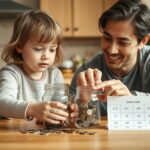 Parent teaching young child about money using coins and clear jar