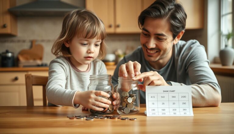 Parent teaching young child about money using coins and clear jar