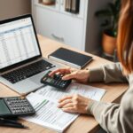 Person organizing financial documents and using calculator for budgeting - financial literacy basics